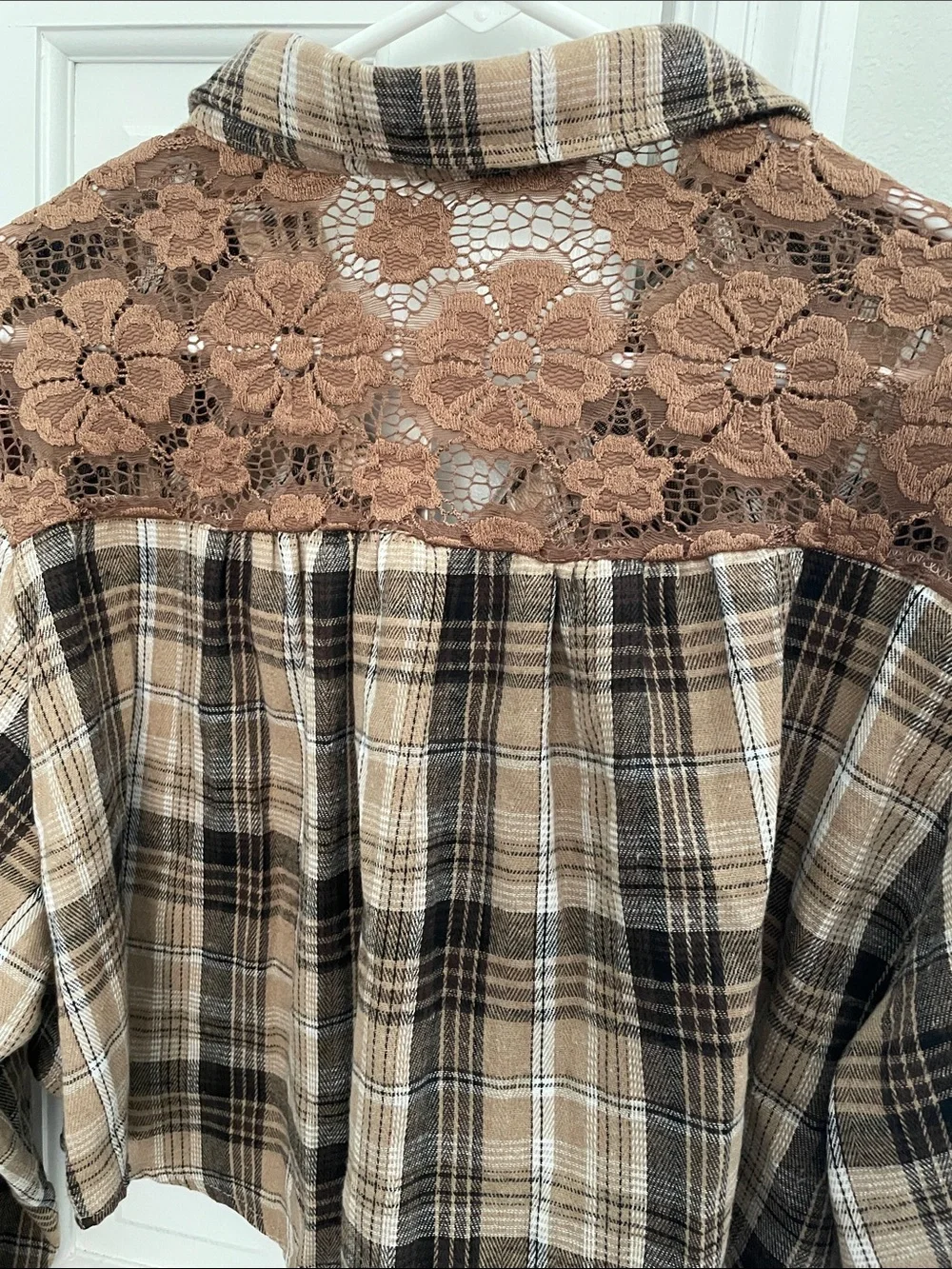 Altar'd State Brown & Black Plaid Button-Front Jean Jacket with Lace Back